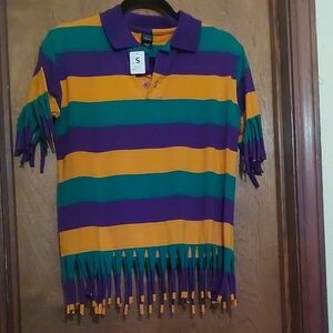 NWT Striped Purple, Green And Gold Fringe Polo Shirt P2P 18' Stretch To 21'